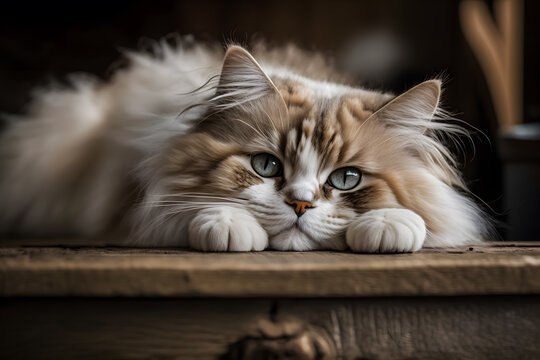 Portrait Cute cat lying on wooden table in living room photography made with Generative AI	
