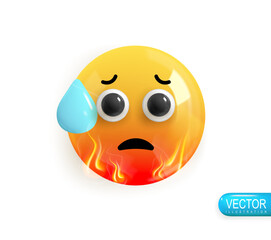 Emoji face fever with sweat. Emotion Realistic 3d Render. Icon Smile Emoji. Vector yellow glossy emoticons.