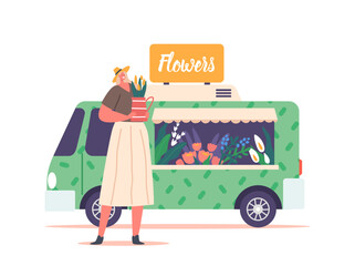 Woman Bought Bouquet In Street Flower Store. Young Female Character Standing Near Floristic Shop Bus With Fresh Blossoms