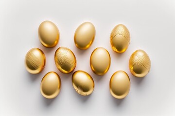 Easter golden decorated eggs stand in a row on white background. Minimal easter concept. Happy Easter card with copy space for text. Top view, flatlay