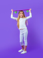 glad teen girl skateboarder on background. photo of teen girl skateboarder. teen girl skateboarder
