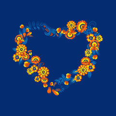 Traditional Ukrainian painting by Petrykivka. Elements of blue and yellow floral ornament. Decorative composition in the form of a heart.