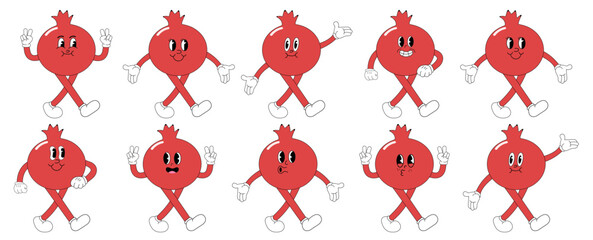 A set of pomegranate cartoon groovy stickers with funny comic characters, gloved hands. Modern illustration with legs and arms.	
