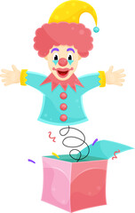 bright vector illustration of a surprise box, april fools day, clown on a spring