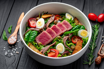 Salad Nisuaz with tuna, anchovies, potatoes, cherry tomatoes, salad mix, olive oil and quail egg