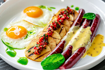 Breakfast with sausages, eggs and potatoes with vegetable salsa and Golan sauce
