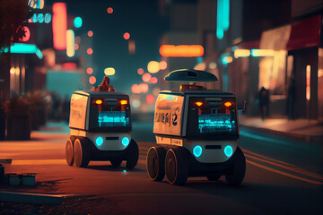 Autonomous robots deliver food to customers on road in city. Created with Generative AI technology