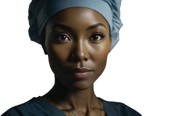 Female Doctor of African descent. Isolated on white background with copy space. Young successful colored doctor. Illustrative generative AI. Not a real person.