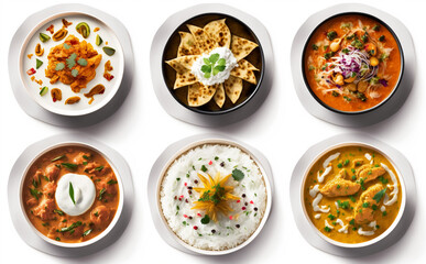 Assorted Indian Dishes with spices and rice. Top down view isolated on white background. Illustrative, Generative AI.