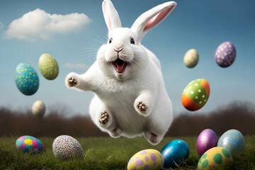 happy Easter bunny jumping with joy with many Easter eggs - 578066681