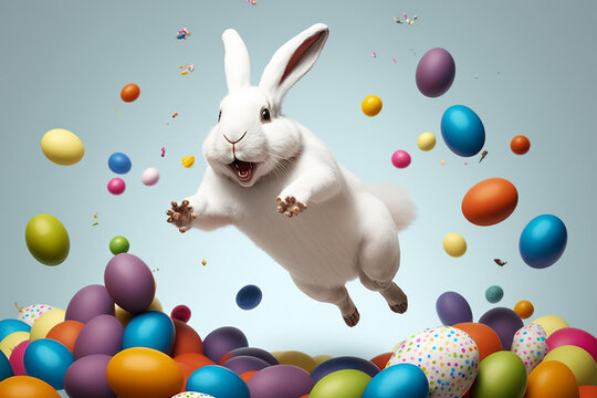 happy white Easter bunny jumping with joy with many Easter eggs