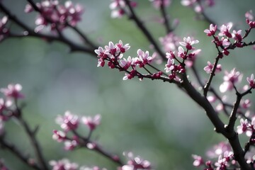 Fototapeta na wymiar spring pink flowers on tree branches, spring blossom wallpaper, bokeh blurry background, Generative AI