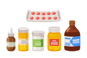 Set of Medical Pills or Medications, Pharmacy and Drugstore Production. Blister, Bottles or Jars with Drugs Icons