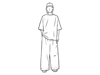 Man standing with his hands in his pants pocket line vector drawing. Minimalistic contour illustration.