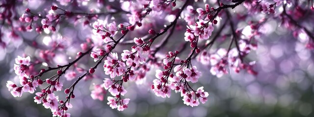 Obraz premium spring pink flowers on tree branches, blossom banner size wallpaper, bokeh blurry background, Generative AI