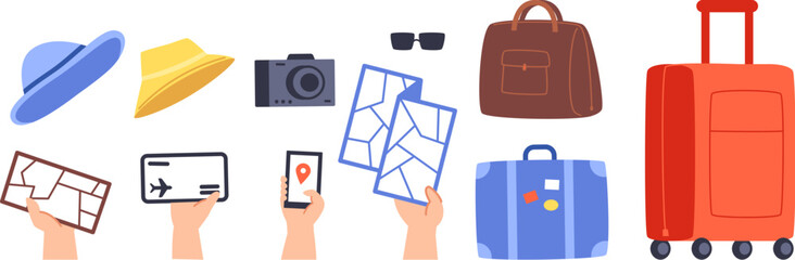 Travel kit, suitcase and cabin size bag. Sunglasses, photo camera and hats. Human hand hold phone, map and transportation ticket, vector clipart