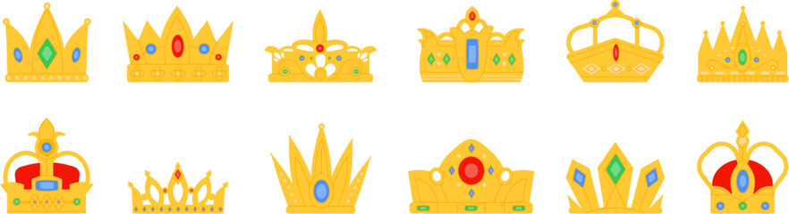 Flat golden crown, king coronation crowns and diadem. Monarch vintage crowned elements. Queen and princess gold royal symbols, decent vector icons - obrazy, fototapety, plakaty