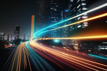 Fototapeta na wymiar High speed data neon moving fast into smart city. Technology background. Generative AI