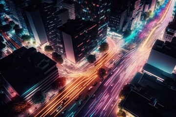 High speed data neon moving fast into smart city. Technology background. Generative AI - obrazy, fototapety, plakaty