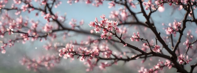 spring pink flowers on tree branches, blossom banner size wallpaper, bokeh blurry background, Generative AI