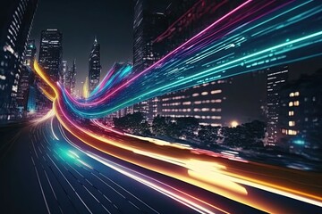 Fototapeta na wymiar High speed data neon moving fast into smart city. Technology background. Generative AI