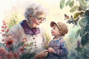 Grandma showing flowers to her grandchild in the garden, Generative AI - obrazy, fototapety, plakaty