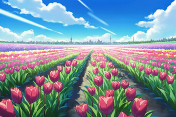 Tulip field and blue sky, Generative AI