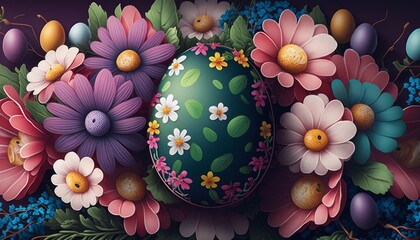 Painted easter egg surrounded by spring flowers. Generative AI