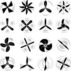 Fototapeta na wymiar Black airplane propellers symbols. Propeller blade elements, rotate flight motor. Turbine rotating, electric fan or marine screw decent vector logos