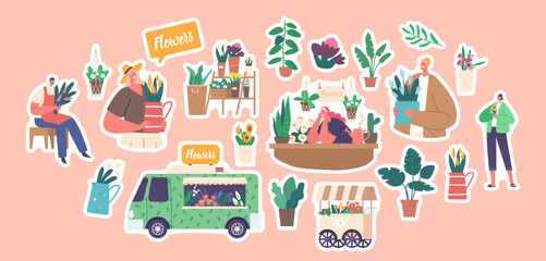 Set of Stickers Street Flower Shop with Customers Choosing and Buying Flower Bouquets, Florists Caring of Plants