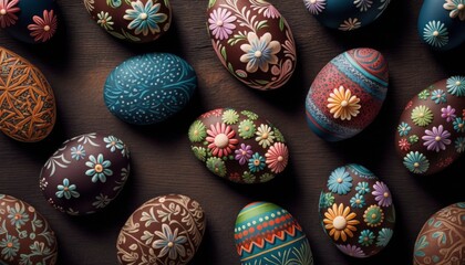 Decorated Easter eggs spread out on a table. Generative AI