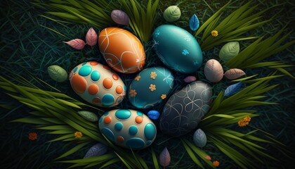 Easter eggs nestled in the grass. Generative AI