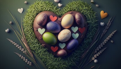 Chocolate Easter eggs In the shape of a heart. Generative AI