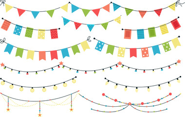 Bunting flags collection, hanging garland graphic, retro flag pennant chain for party, event, festive. Birthday celebration banners decent vector set - obrazy, fototapety, plakaty