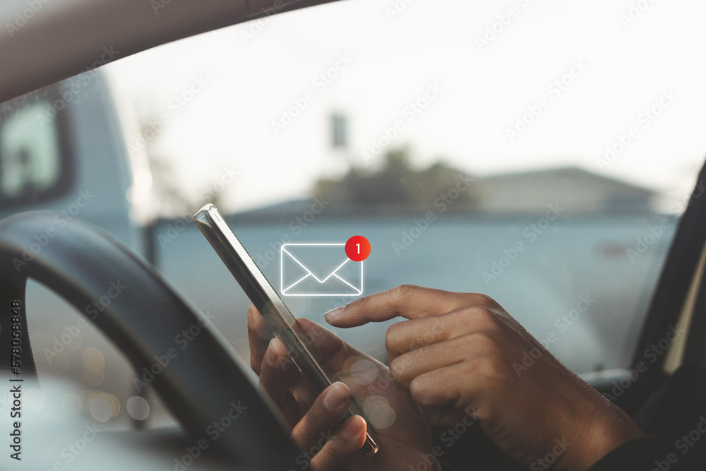 Poster email marketing and communication business technology. businessman hand using smartphone checking em
