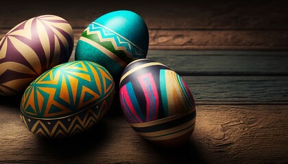 Painted Easter Eggs on Wooden Table Background. Generative AI