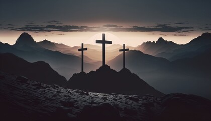 Three Crosses on a mountain with Sunrise Background. Generative AI