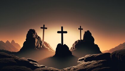 3 Crosses on a Mountain Easter Background. Generative AI