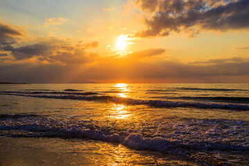  alm sea with clouds overhead and a sunset sky. Ocean and sky background with waves for meditation. peaceful ocean scene. Sky above water.