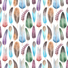 Watercolor hand drawn painted seamless endless pattern with lots of ordered different bird feathers and quills in a row with gradient colors and spots, dots on white background.Ornament for print
