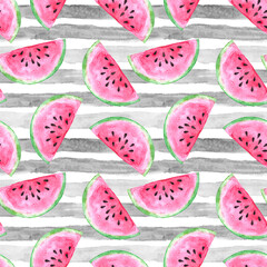 Watercolor hand drawn illustrated seamless pattern with pink tasty delicious juicy watermelon slices on white and grey stripes as summertime background.