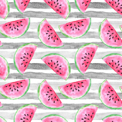 Watercolor hand drawn illustrated seamless pattern with pink tasty delicious juicy watermelon slices on white and grey stripes as summertime background.