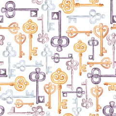 Watercolor seamless pattern with multicilored metal old fashioned vintage style keys on white background.Aquarelle design for print wrapper, fabric, cards