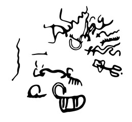 Rock petroglyphs depicting snake attacks on livestock or pasture and people. Vector illustration of prehistoric rock petroglyphs discovered on the territory of Armenia