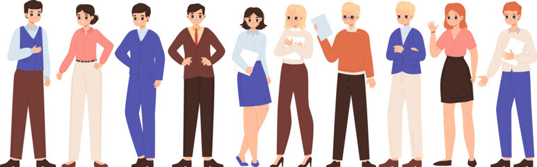 Young adult business characters. Secretary managers in suit, corporate office adults. Start up entrepreneur, person at work snugly vector characters