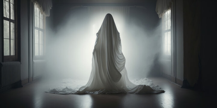A scary halloween ghost spirit. backlit on a dark night. Generative ai