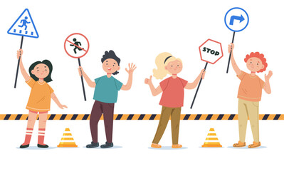 Children kid character hold road traffic warning sign concept set. Vector graphic design element illustration