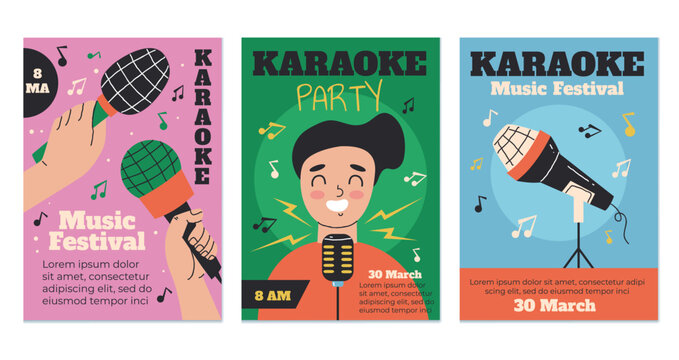 Karaoke microphone mic music retro poster banner flyer concept set. Vector graphic design element illustration