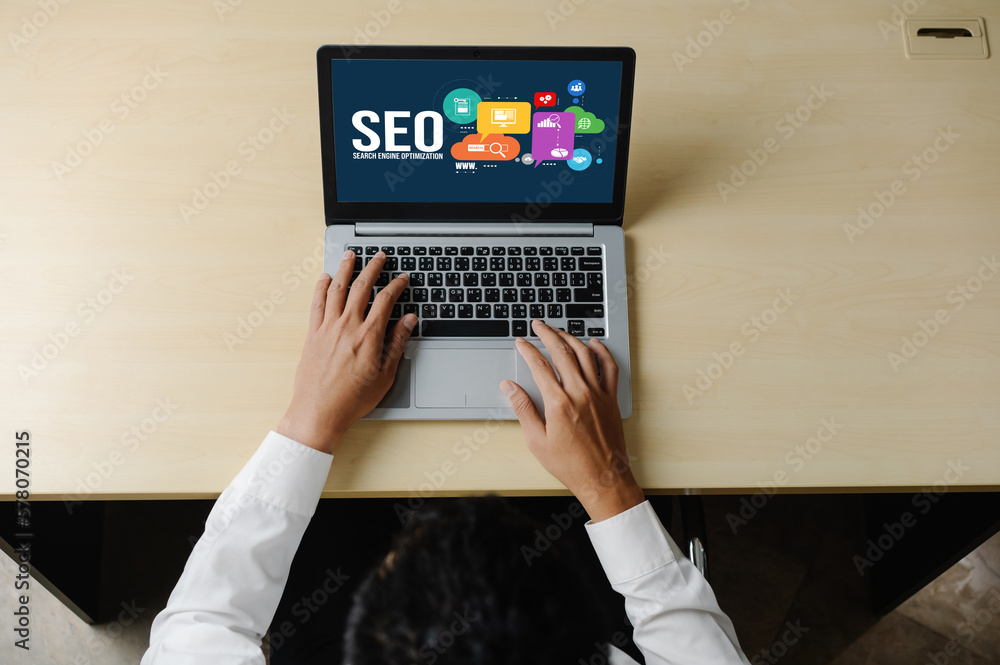 Aufkleber seo search engine optimization for modish e-commerce and online retail business showing on computer 