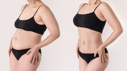 Young woman in black lingerie before and after weight loss on white background. Two shots of female...